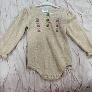Nicole Miller Beige Knit Baby One-Piece with Pink Rose Embroidery